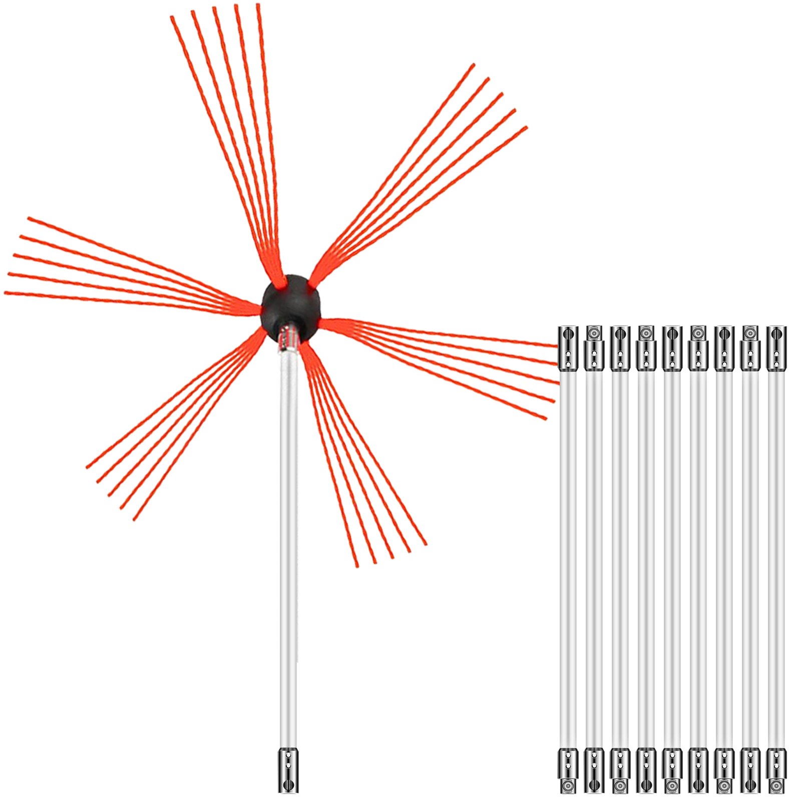 VEVOR Kit de barrido de chimenea de 33 pies de longitud, kit de herramientas de limpieza de chimenea con 10 varillas flexibles de nailon, kit de cepillo de chimenea impulsado por taladro para chimenea de barrido