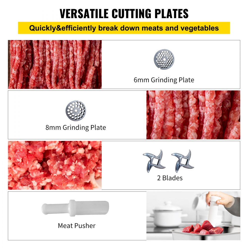 Picadora de carne comercial VEVOR con placas de corte versátiles y empujador de carne.
