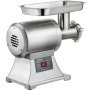 Picadora de carne comercial VEVOR con cuerpo de acero inoxidable e interruptor de encendido rojo.