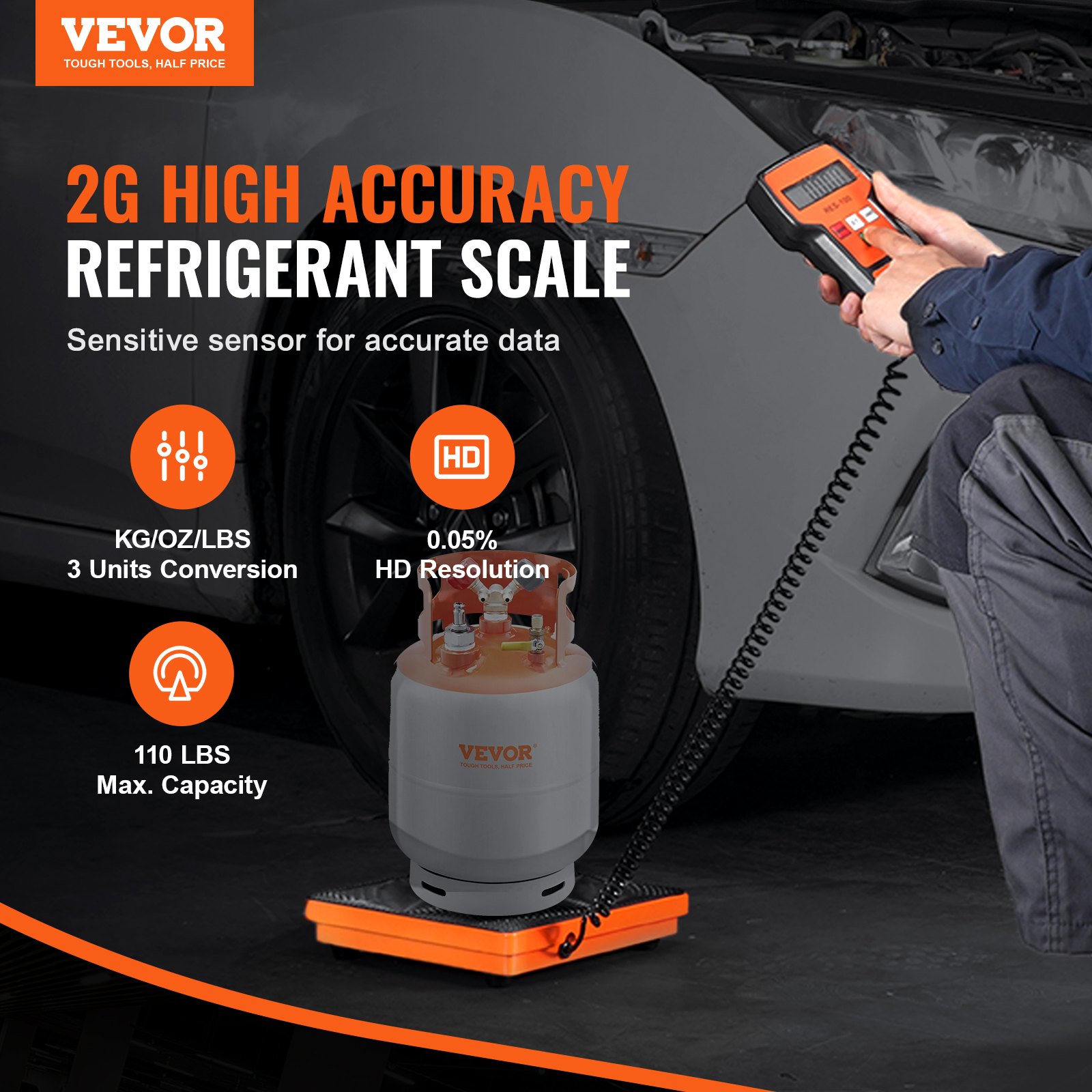 Báscula de refrigerante VEVOR, báscula de freón de recuperación de carga HAVC de 110 libras, con control remoto con cable, báscula de peso de recuperación digital electrónica de alta precisión de 2 g con estuche y batería seca