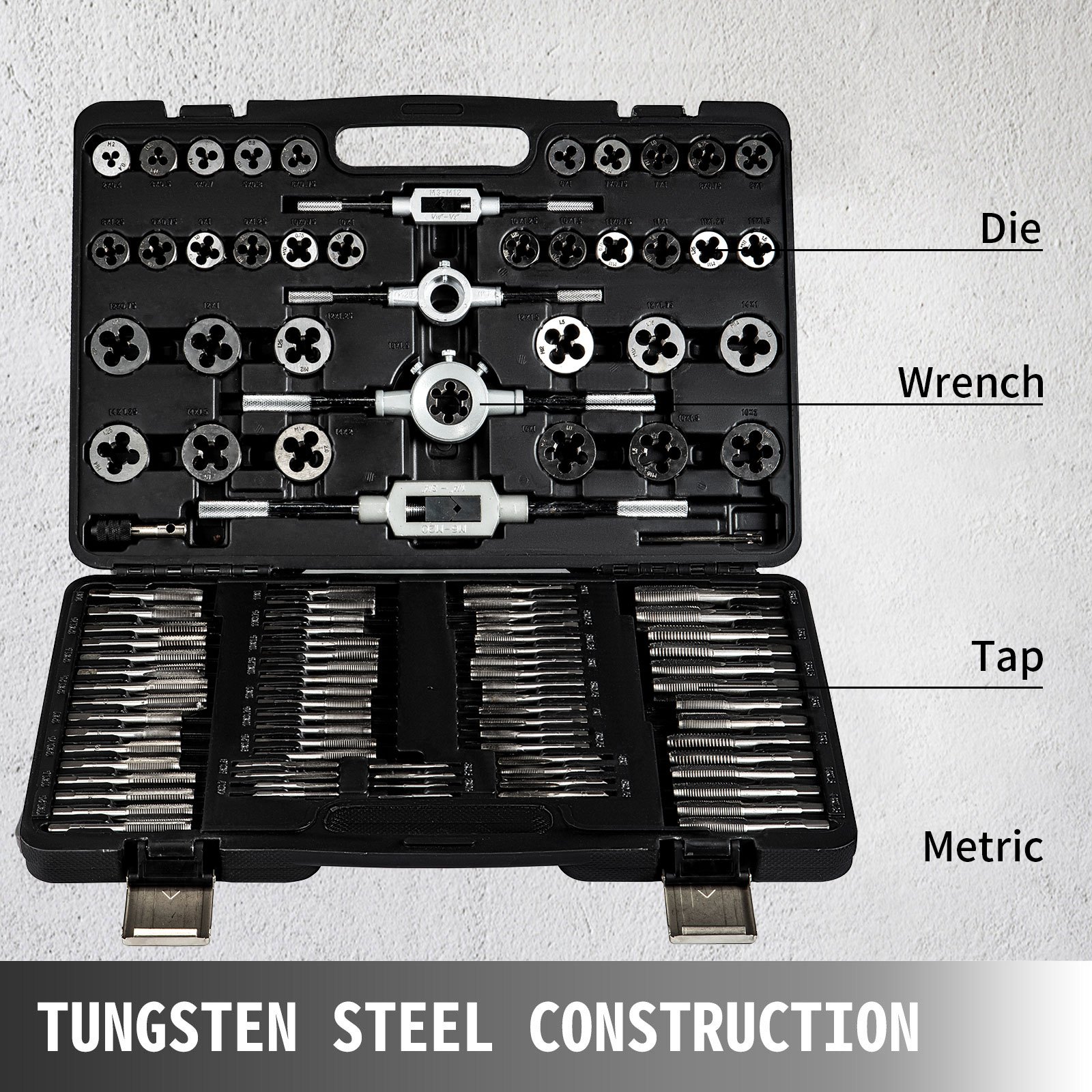VEVOR Juego de Machos y Matrices, Juego de Machos y Matrices Métricos,110 Piezas Tungsteno, Herramienta de Roscado y Roscado de Tungsteno para Máquinas Herramienta/Módulos de Precisión/Transformadores