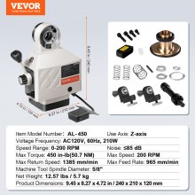 VEVOR Alimentación de potencia del eje Z para fresadora, par de 450 in-lb, velocidad de rotación ajustable de 0-200 RPM, alimentador de molino de alimentación de mesa eléctrica de 120 V, para Bridgeport algunos molinos tipo rodilla con un diámetro de eje final de 5/8