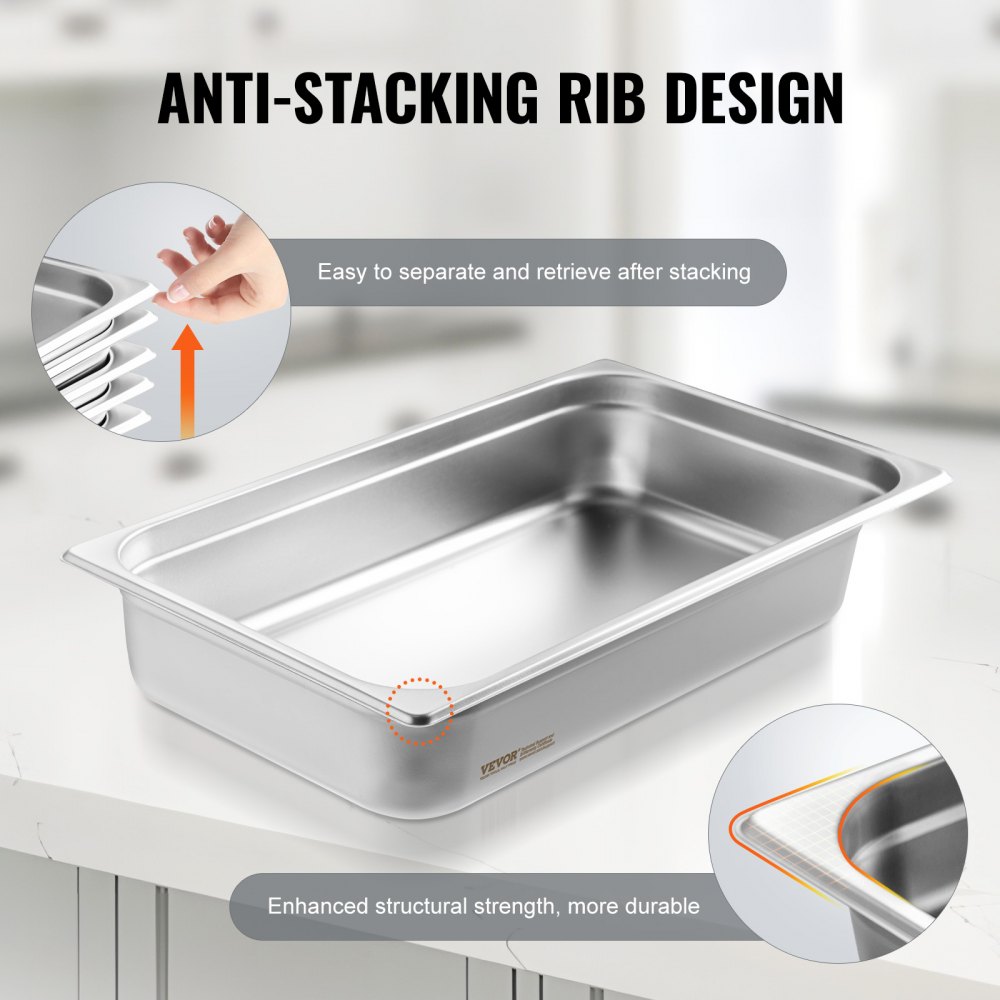 Bandeja para hotel VEVOR, bandeja de vapor antiatasco de tamaño completo, bandeja de vapor para restaurante de acero inoxidable de 0,8 mm de espesor, bandeja de mesa comercial de 10 cm de profundidad, bandeja de almacenamiento de alimentos para catering, para uso industrial y científico.
