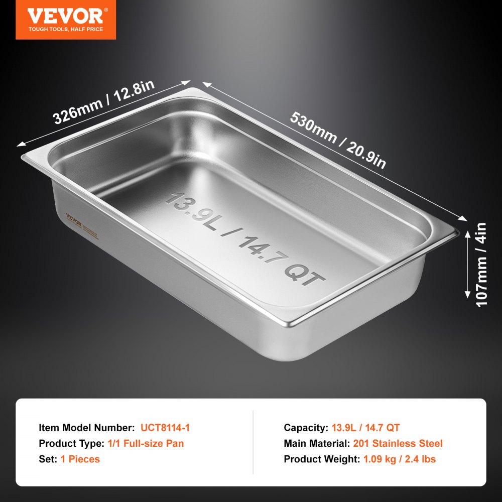 Bandeja para hotel VEVOR, bandeja de vapor antiatasco de tamaño completo, bandeja de vapor para restaurante de acero inoxidable de 0,8 mm de espesor, bandeja de mesa comercial de 10 cm de profundidad, bandeja de almacenamiento de alimentos para catering, para uso industrial y científico.