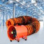 Extractor de aire VEVOR de color naranja en una gran nave industrial con vigas de acero azules.