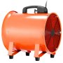 Extractor de aire cilíndrico VEVOR de color naranja con asa y rejilla protectora.