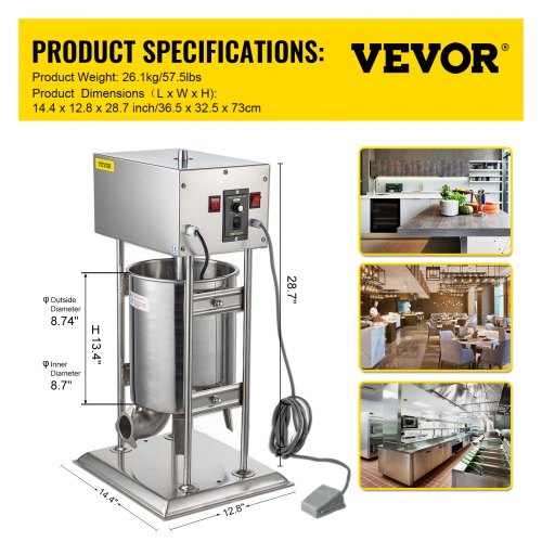 VEVOR Embutidora de Salchichas 12L 40W Velocidad Ajustable con 5 Tubos