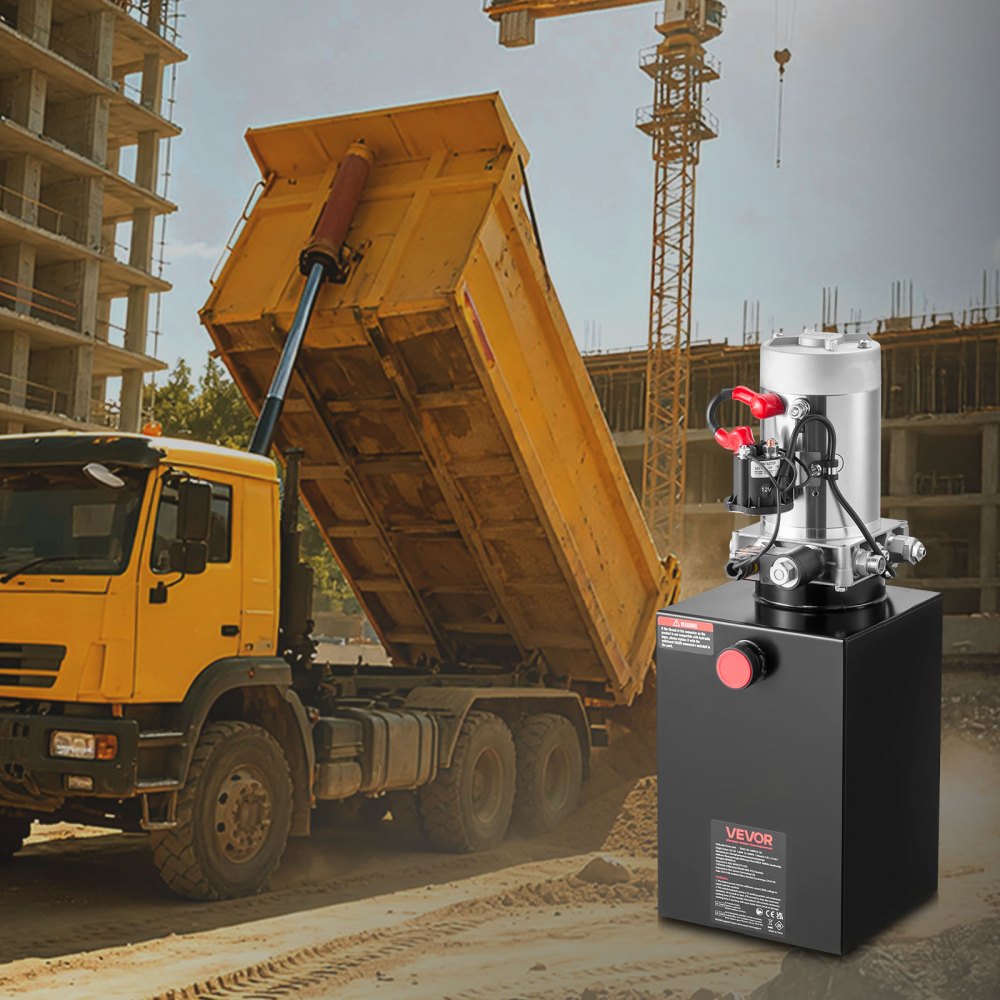 Unidad de potencia hidráulica VEVOR de 13 cuartos, bomba de remolque basculante de simple efecto, presión máxima de alivio de 3200 PSI y caudal de 0,91 GPM, bomba hidráulica de 12 V CC con depósito metálico para elevación de vehículos en remolques basculantes.