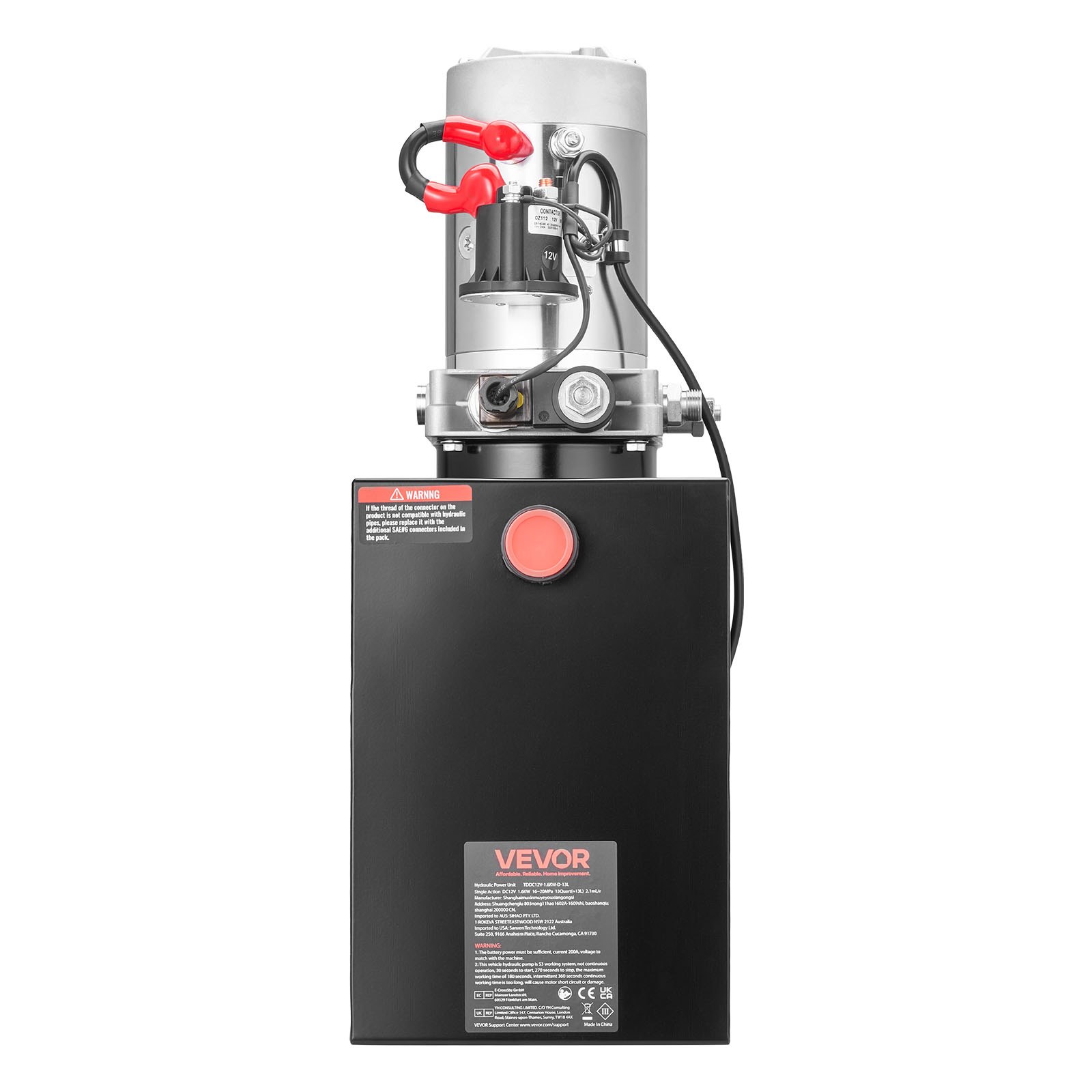 Unidad de potencia hidráulica VEVOR de 13 cuartos, bomba de remolque basculante de simple efecto, presión máxima de alivio de 3200 PSI y caudal de 0,91 GPM, bomba hidráulica de 12 V CC con depósito metálico para elevación de vehículos en remolques basculantes.