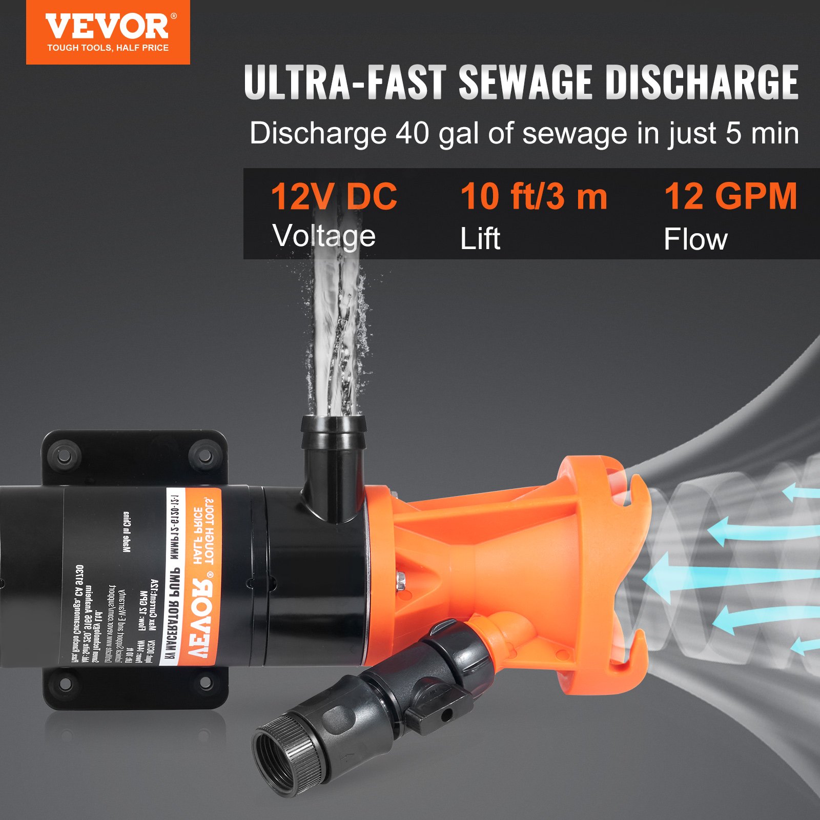 Bomba maceradora VEVOR rv con descarga de aguas residuales ultrarrápida, 12 V CC, elevación de 10 pies/3 m, flujo de 12 gpm.