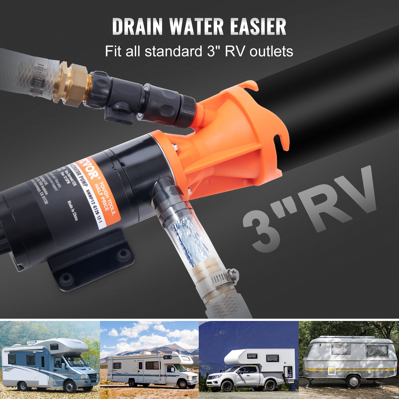 Bomba maceradora VEVOR rv conectada a una salida de rv estándar de 3&quot;, con imágenes de varios rv a continuación.