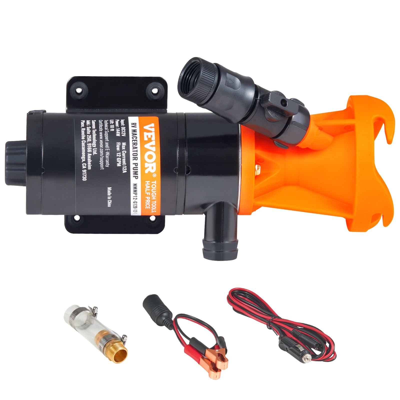 Bomba maceradora VEVOR rv con placa de montaje, carcasa naranja y accesorios incluidos en fondo blanco.