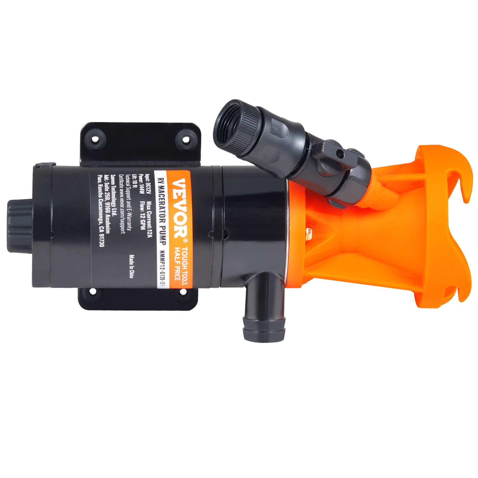 Bomba maceradora VEVOR rv con cuerpo negro y accesorio naranja, que muestra un diseño potente.