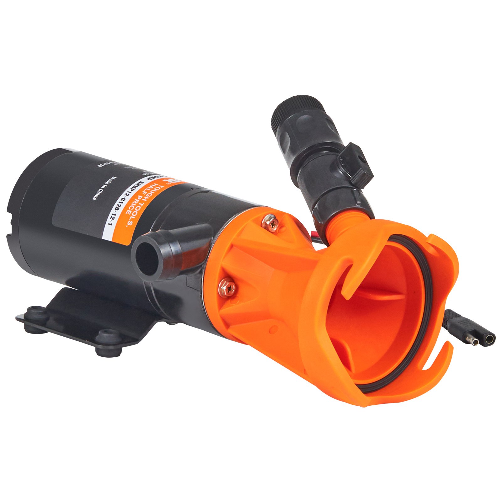 Bomba maceradora VEVOR rv con carcasa negra y naranja diseñada para una eliminación eficiente de residuos.