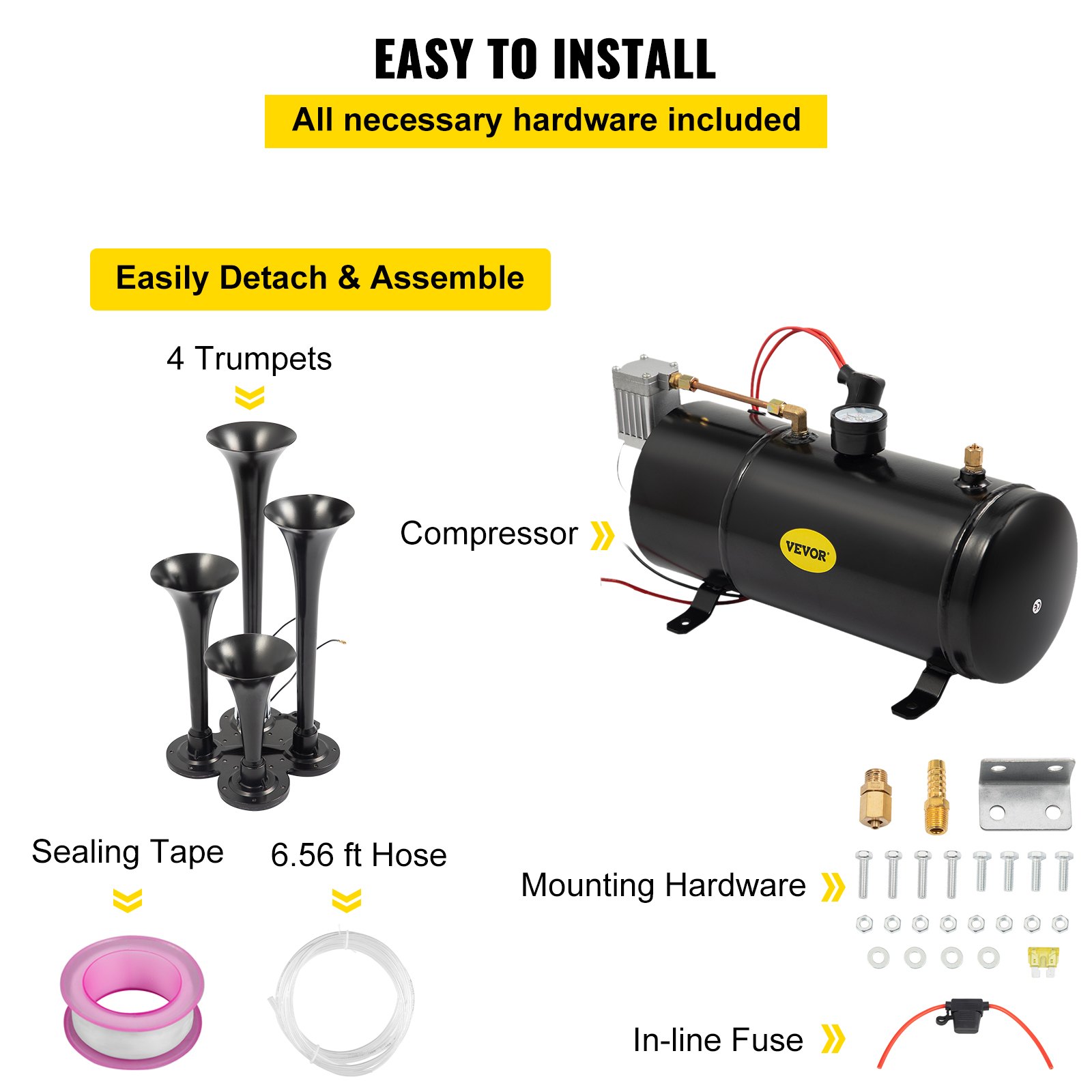Kit de bocina de tren VEVOR con compresor, 4 trompetas, cinta de sellado y hardware de montaje.