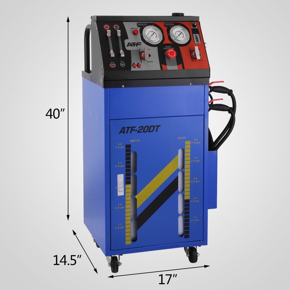 Máquina de lavado de transmisión VEVOR con medidores, mangueras y carcasa azul, que mide 40 x 17 x 14,5 pulgadas.