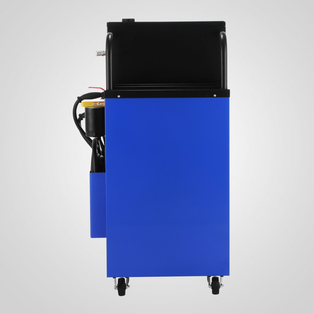 Máquina de lavado de transmisión VEVOR azul con tapa negra y mangueras adjuntas.