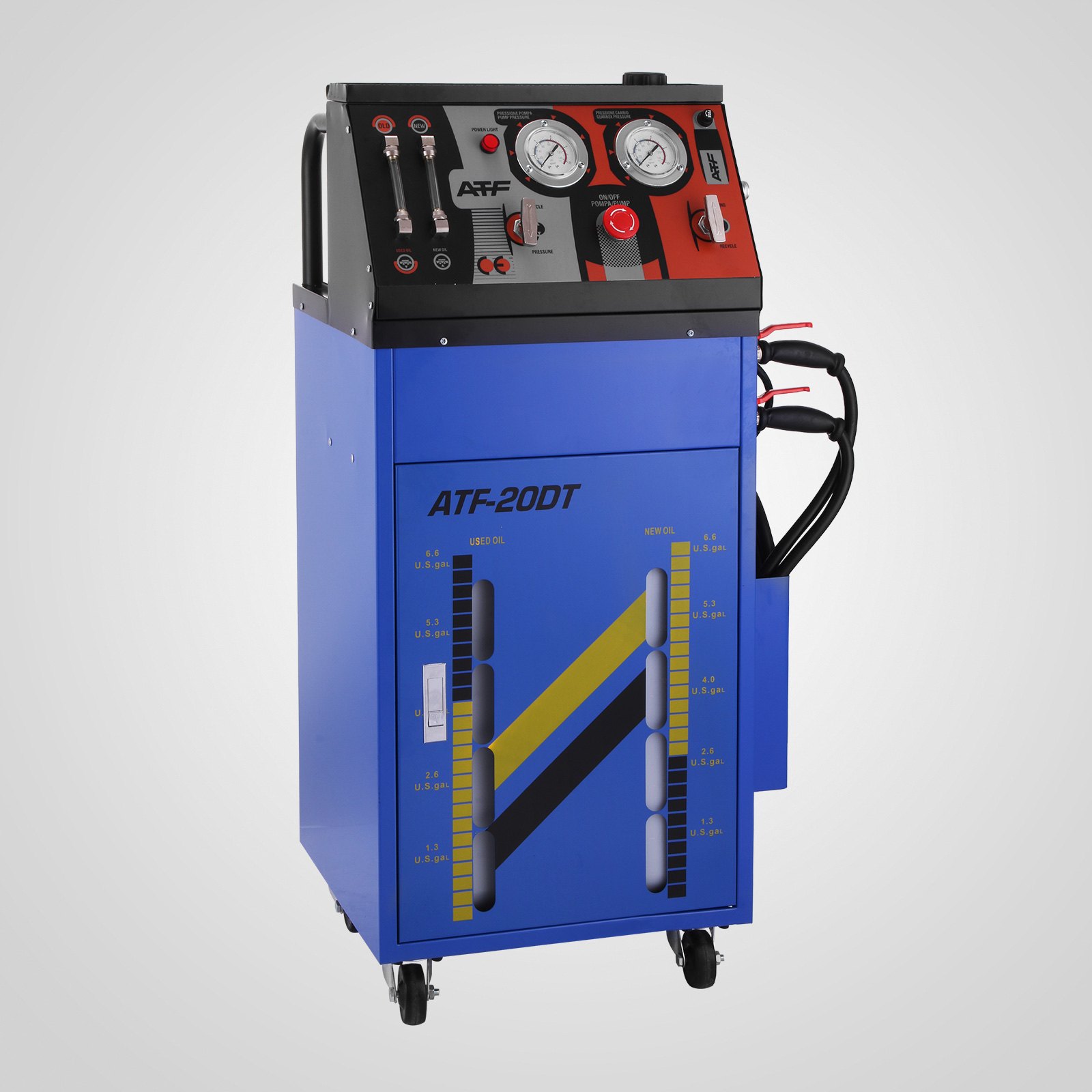 Máquina de lavado de transmisión VEVOR con medidores y mangueras en una unidad ATF-20DT azul.