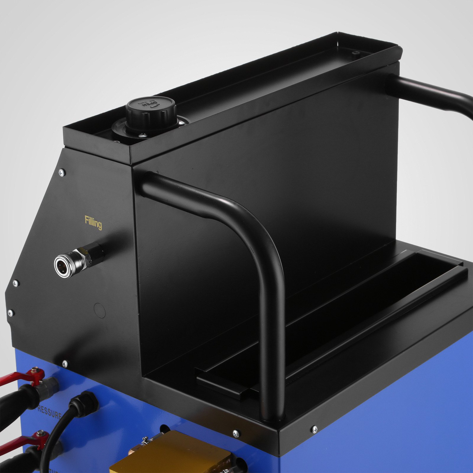 Máquina de descarga de transmisión VEVOR con asas y boquilla de llenado en color negro y azul.