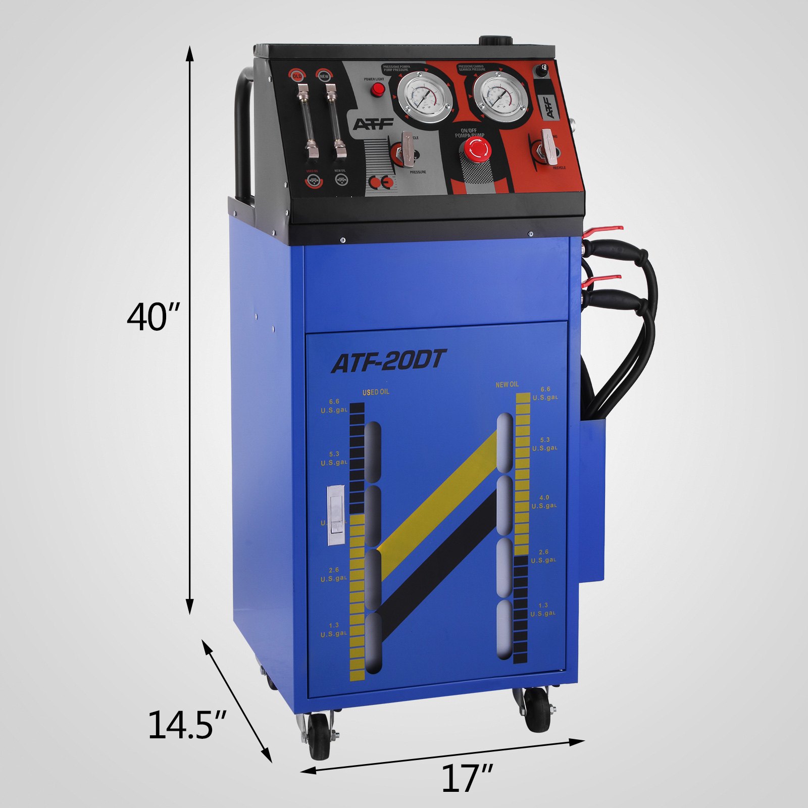 Máquina de lavado de transmisión VEVOR con medidores, mangueras y carcasa azul, que mide 40 x 17 x 14,5 pulgadas.