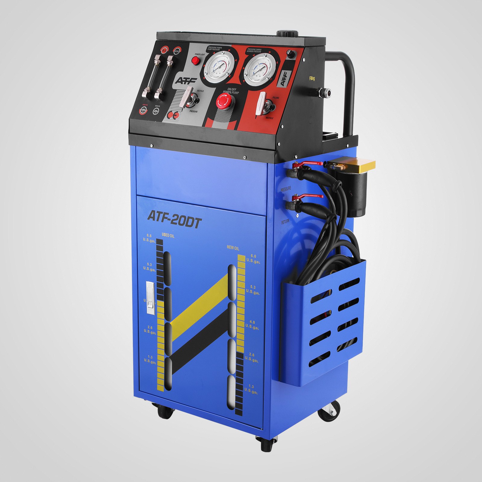 Máquina de lavado de transmisión VEVOR azul con medidores de control y accesorios de manguera.