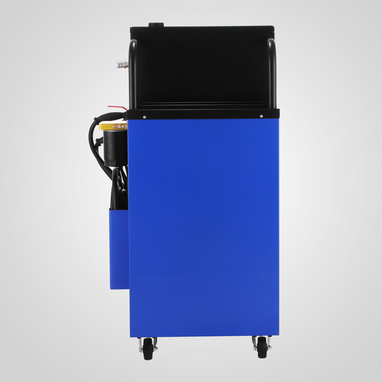 Máquina de lavado de transmisión VEVOR azul con tapa negra y mangueras adjuntas.