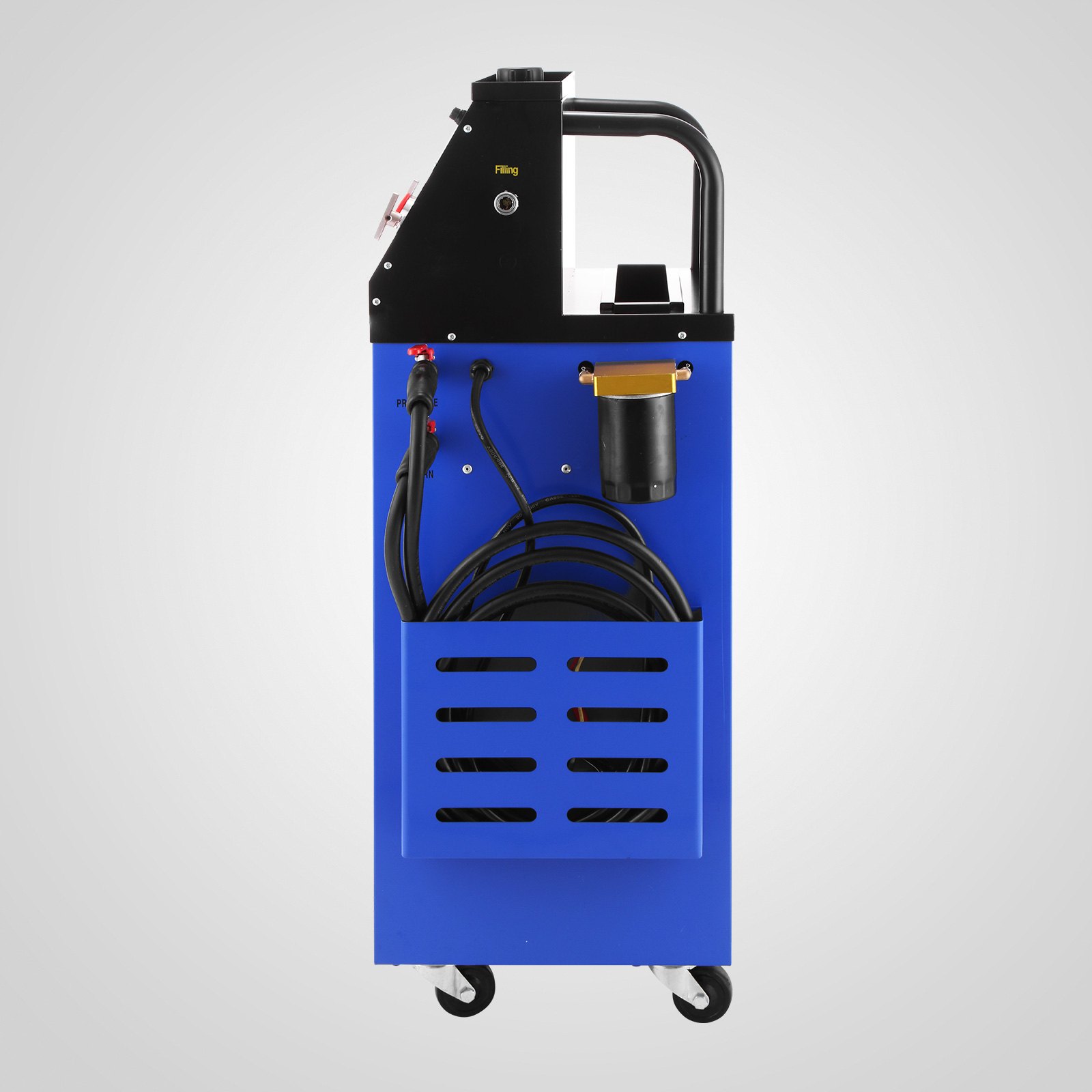 Maquina de lavado de transmisión VEVOR azul con mangueras y ruedas.