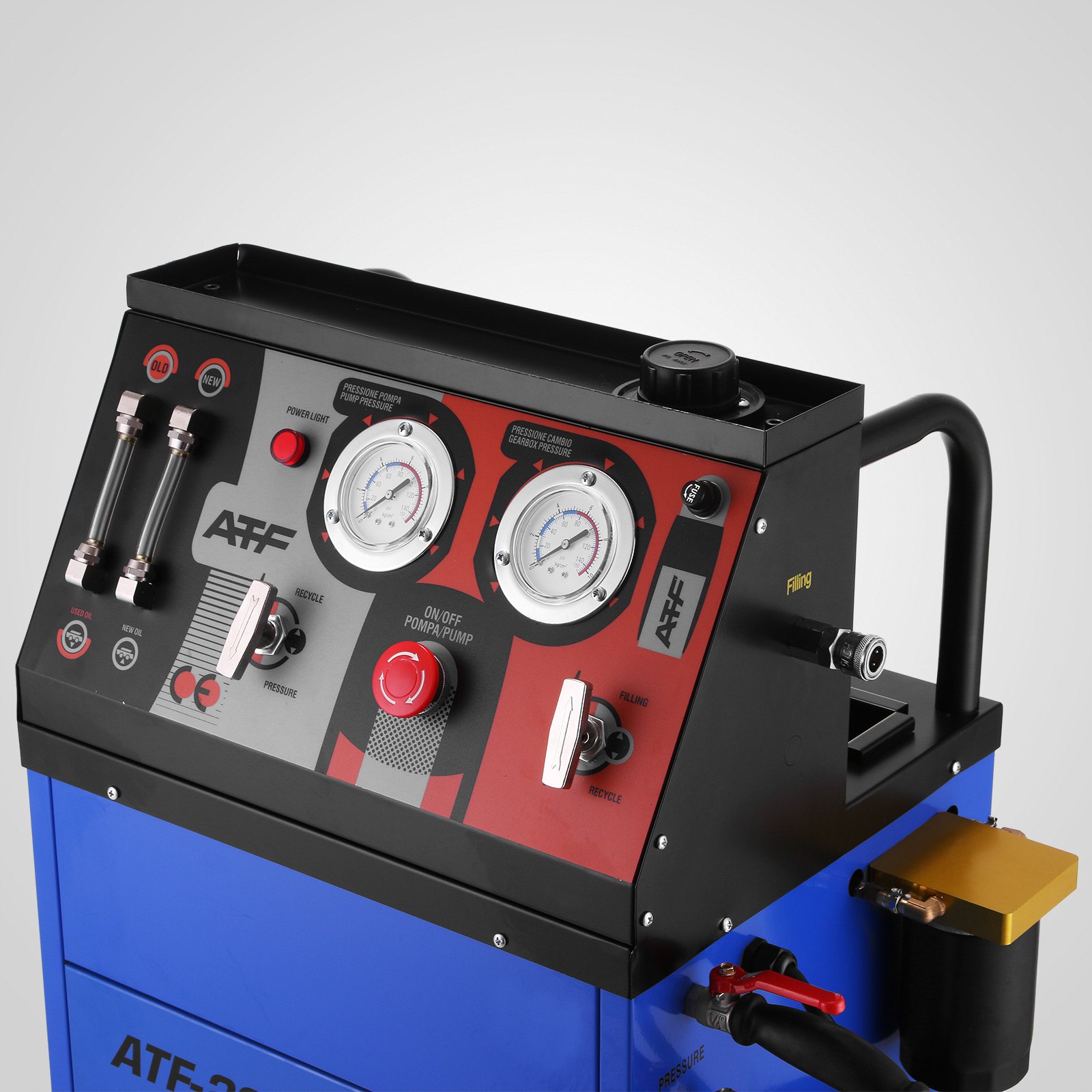 Máquina de lavado de transmisión VEVOR con manómetros y panel de control.
