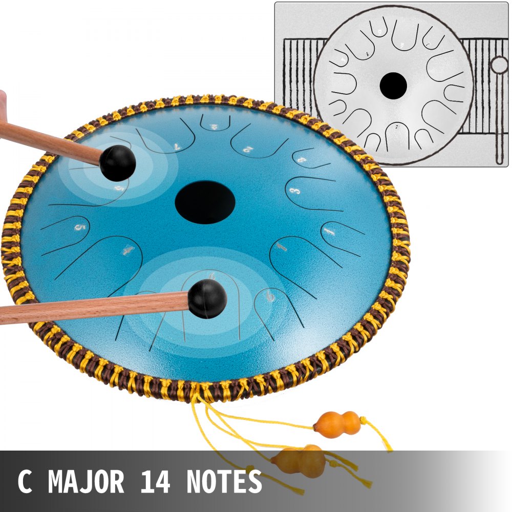 Tambor de lengüeta VEVOR azul con mazos, escala en do mayor, 14 notas, borde decorativo.
