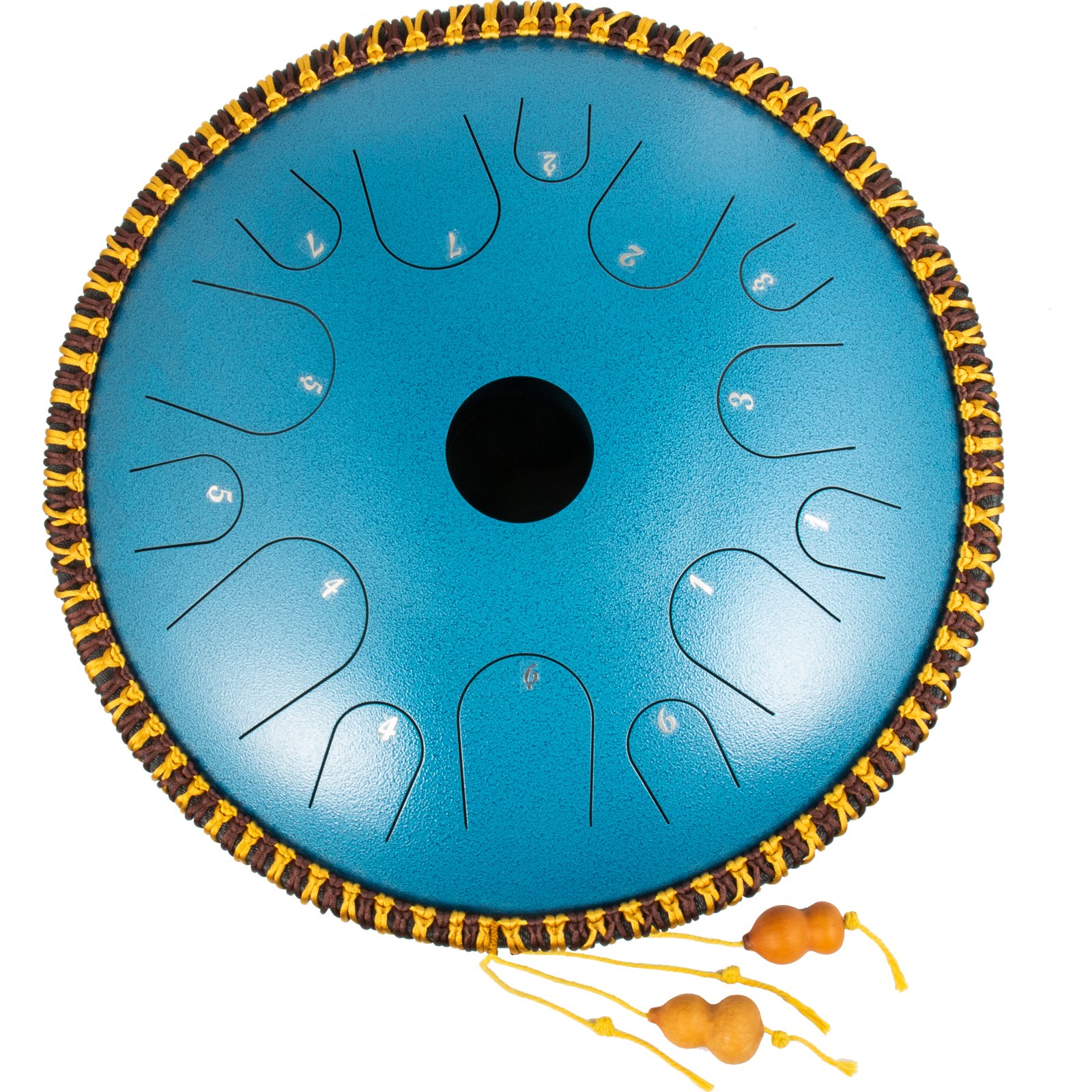 Tambor de lengüeta VEVOR azul con números y borde trenzado, junto con dos baquetas.