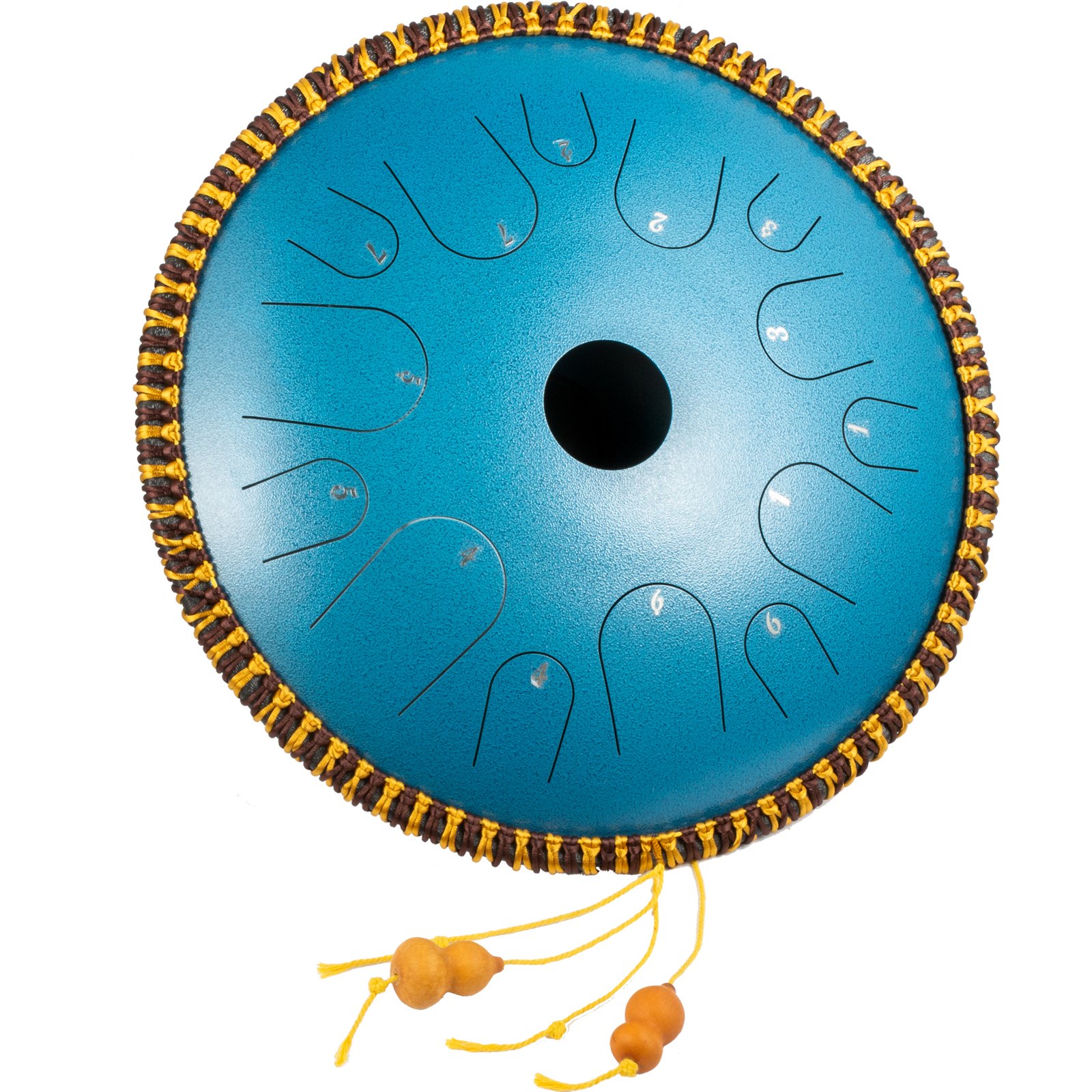 Tambor de lengüeta VEVOR de acero azul con borde trenzado amarillo y borlas de cuentas de madera.