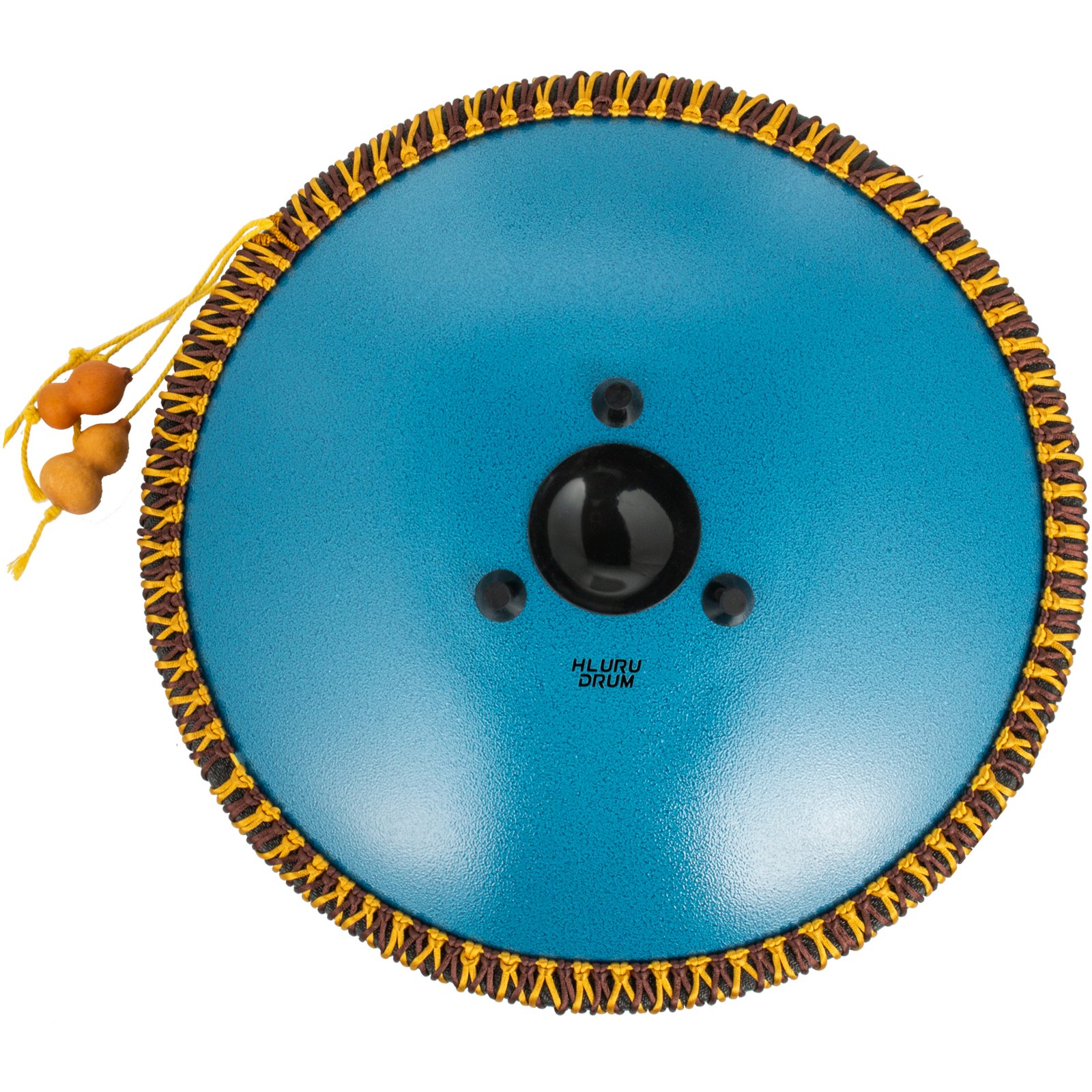 Tambor de lengüeta VEVOR azul con un borde trenzado decorativo amarillo y marrón.