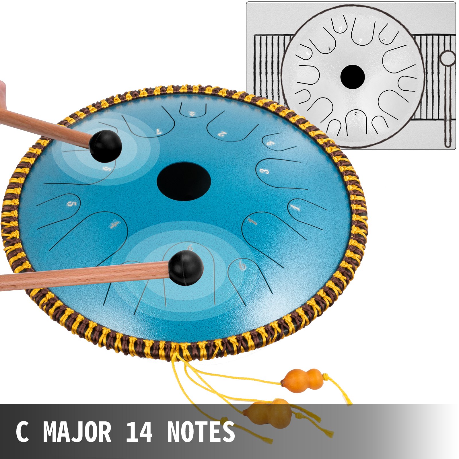 Tambor de lengüeta VEVOR azul con mazos, escala en do mayor, 14 notas, borde decorativo.