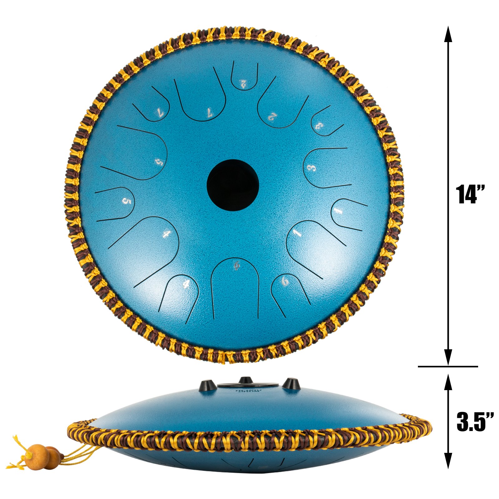 Tambor de lengua VEVOR azul de 14 pulgadas con borde decorativo, que muestra vistas superior y lateral.