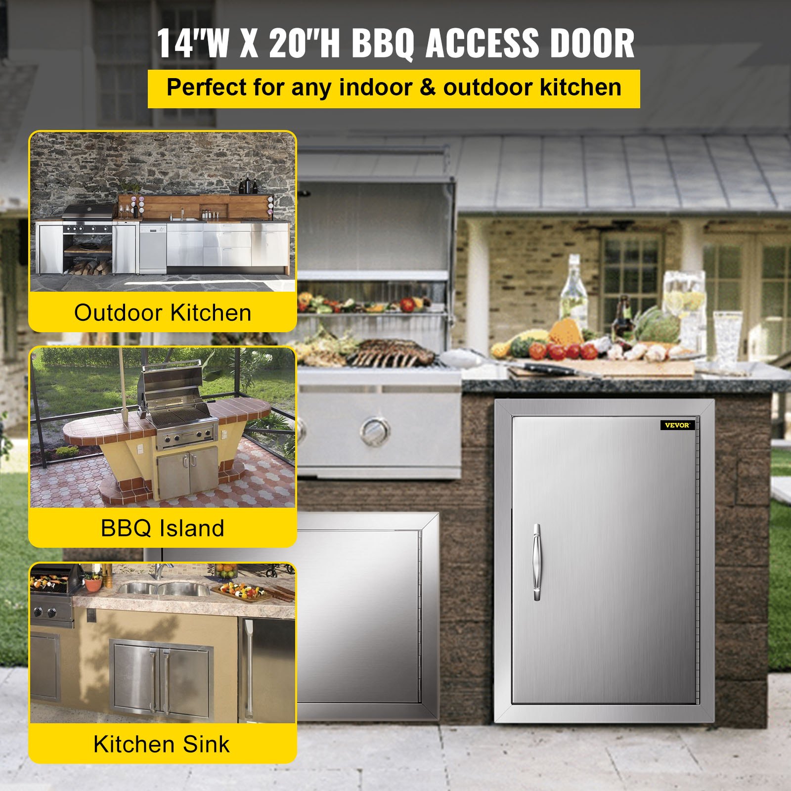 VEVOR Puerta de acceso para barbacoa de 14.0 x 20.0 in, puerta vertical individual de acero inoxidable, puertas de cocina al aire libre para isla de barbacoa, estación de parrilla, gabinete exterior