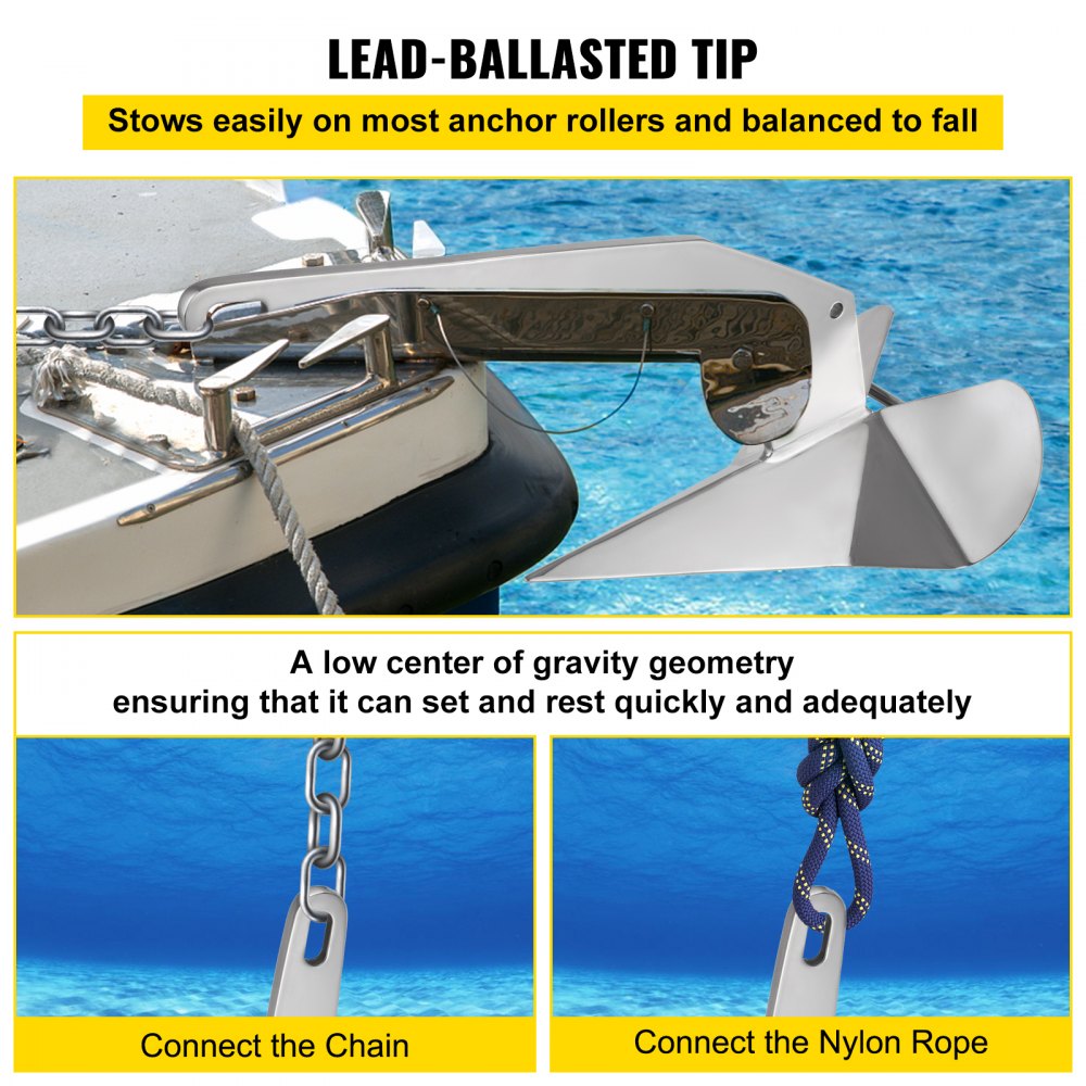 Ancla de barco VEVOR con punta lastrada con plomo instalada en un barco con conexiones de cadena y cuerda.