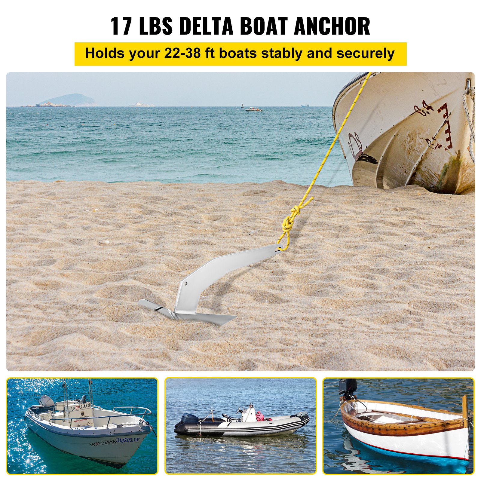 Ancla de barco VEVOR asegurando un barco en una playa de arena con tres barcos en el fondo en el agua.