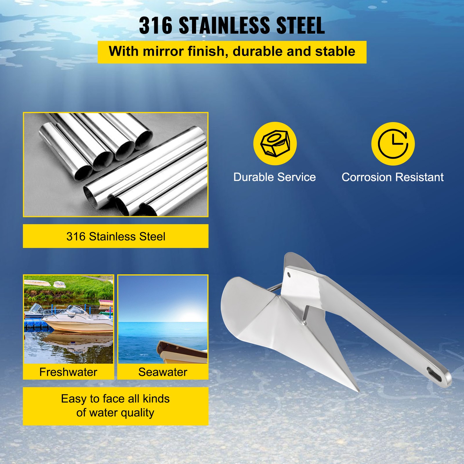 Ancla de barco VEVOR fabricada en acero inoxidable 316, duradera, resistente a la corrosión para todas las aguas.