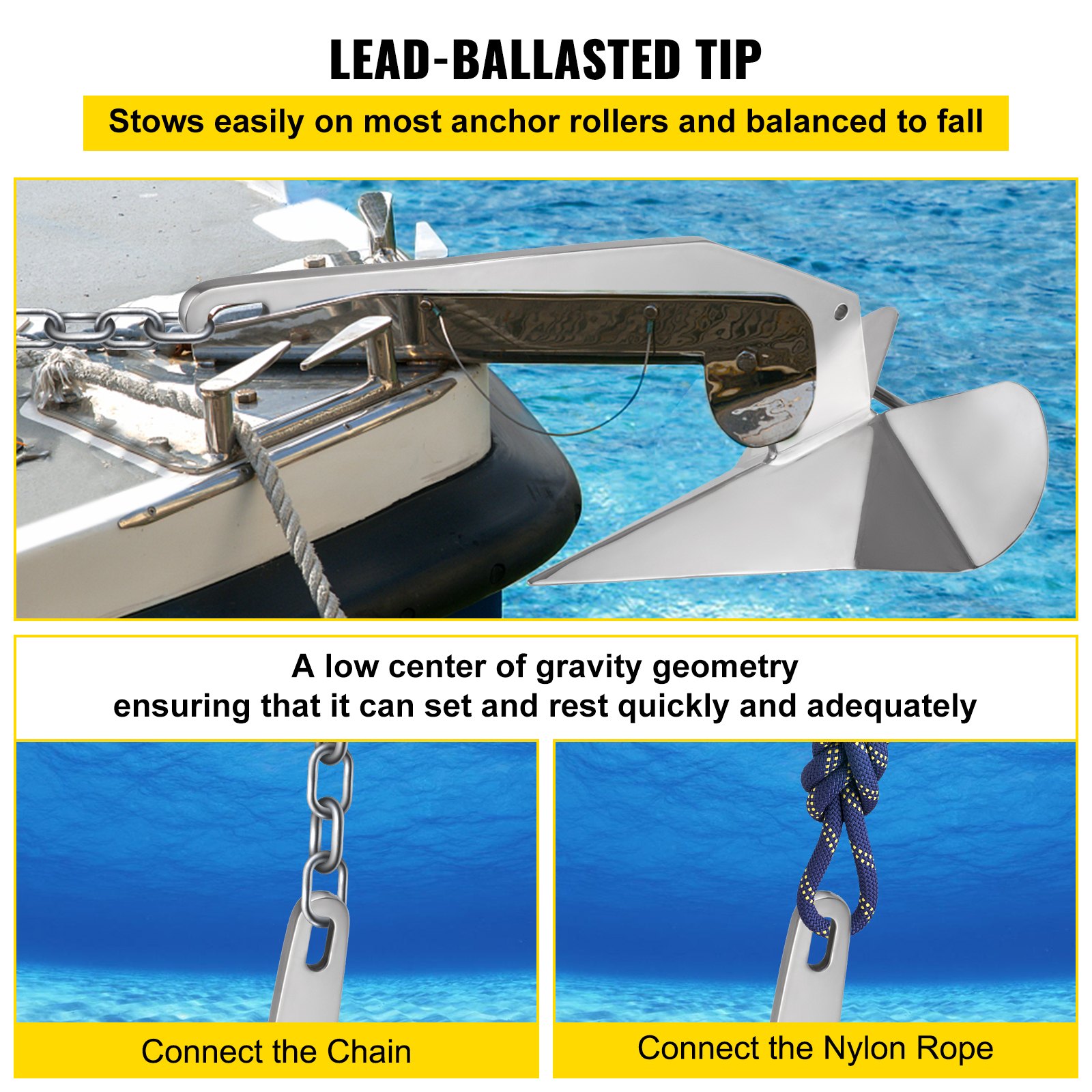 Ancla de barco VEVOR con punta lastrada con plomo instalada en un barco con conexiones de cadena y cuerda.