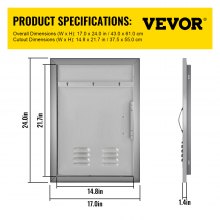 VEVOR BBQ Puerta de acceso 17 x 24 pulgadas Puerta de isla vertical con rejillas de ventilación Puerta de acceso individual de acero inoxidable Montaje empotrado Cocina al aire libre