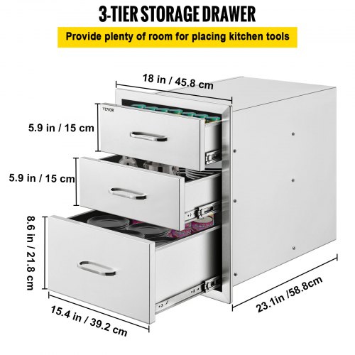 VEVOR Cajonera de Acero Inoxidable Tres Cajones 45.7 x 58.9 x 57.9 CM Cajonera de Cocina Cajón para Barbacoa Cajonera para Cocina Armario de Cajones Cajón Barbacoa
