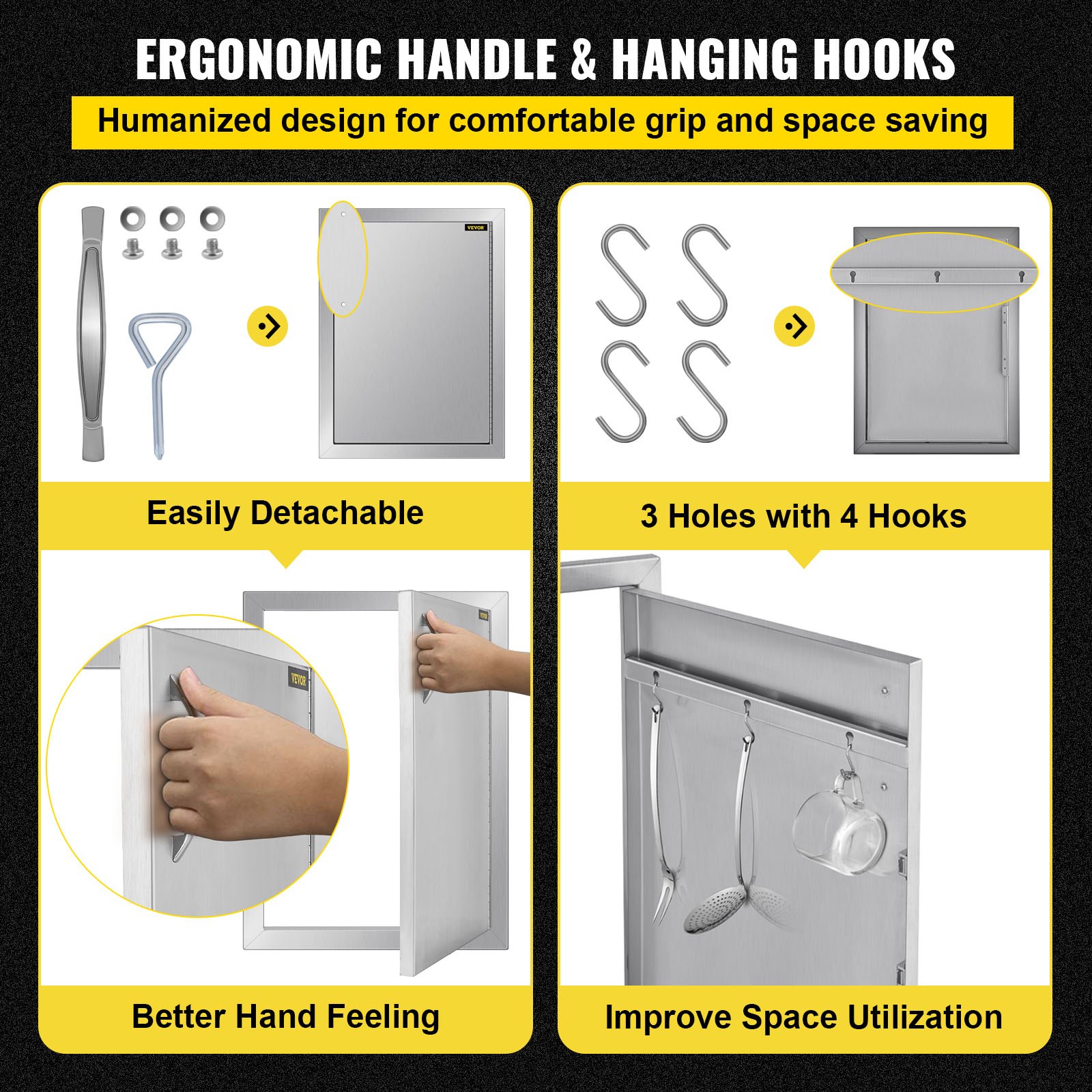 Puerta de acceso a cocina exterior VEVOR con tirador ergonómico y ganchos para colgar.