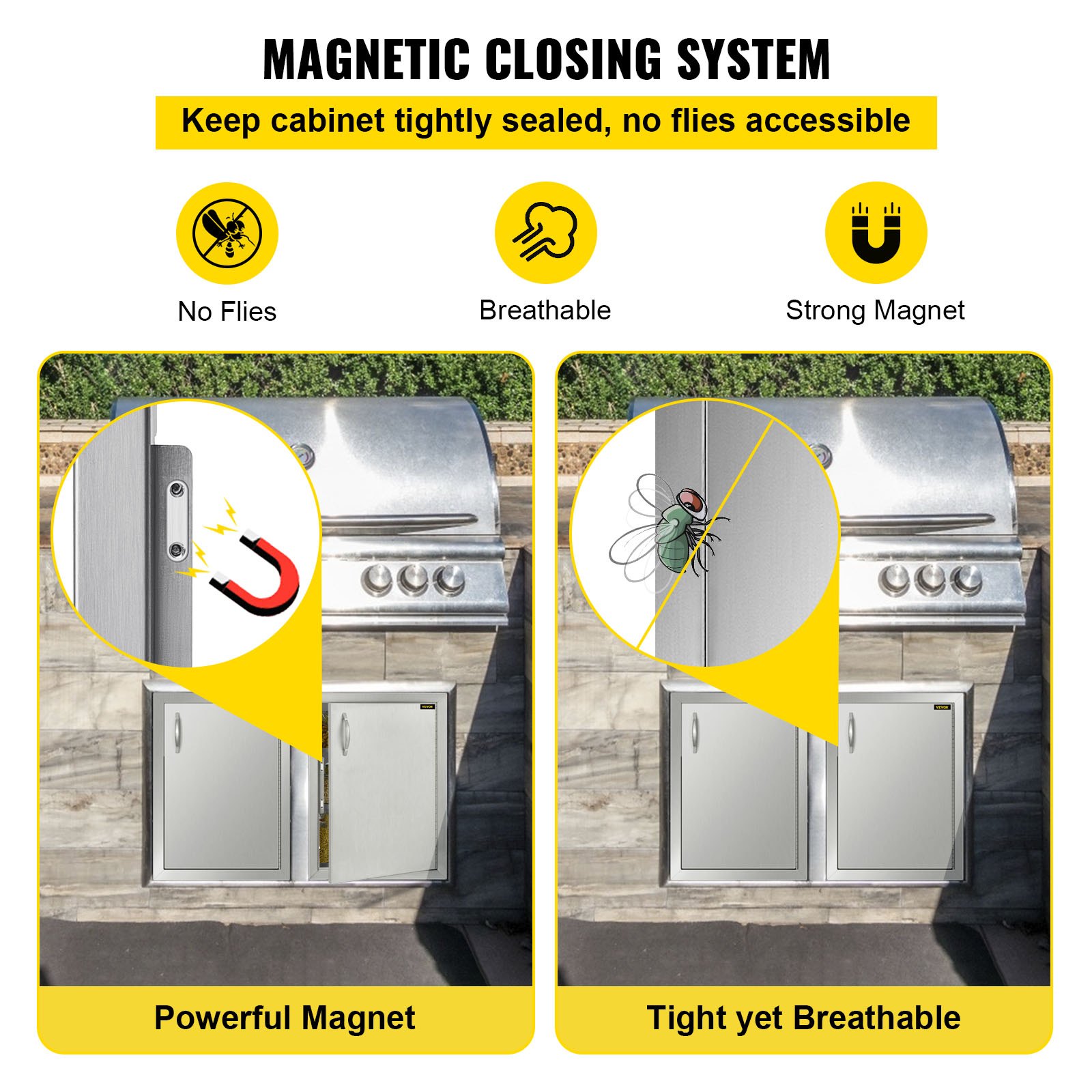 Puerta de acceso a cocina exterior VEVOR con sistema de cierre magnético para mantener alejadas las moscas.