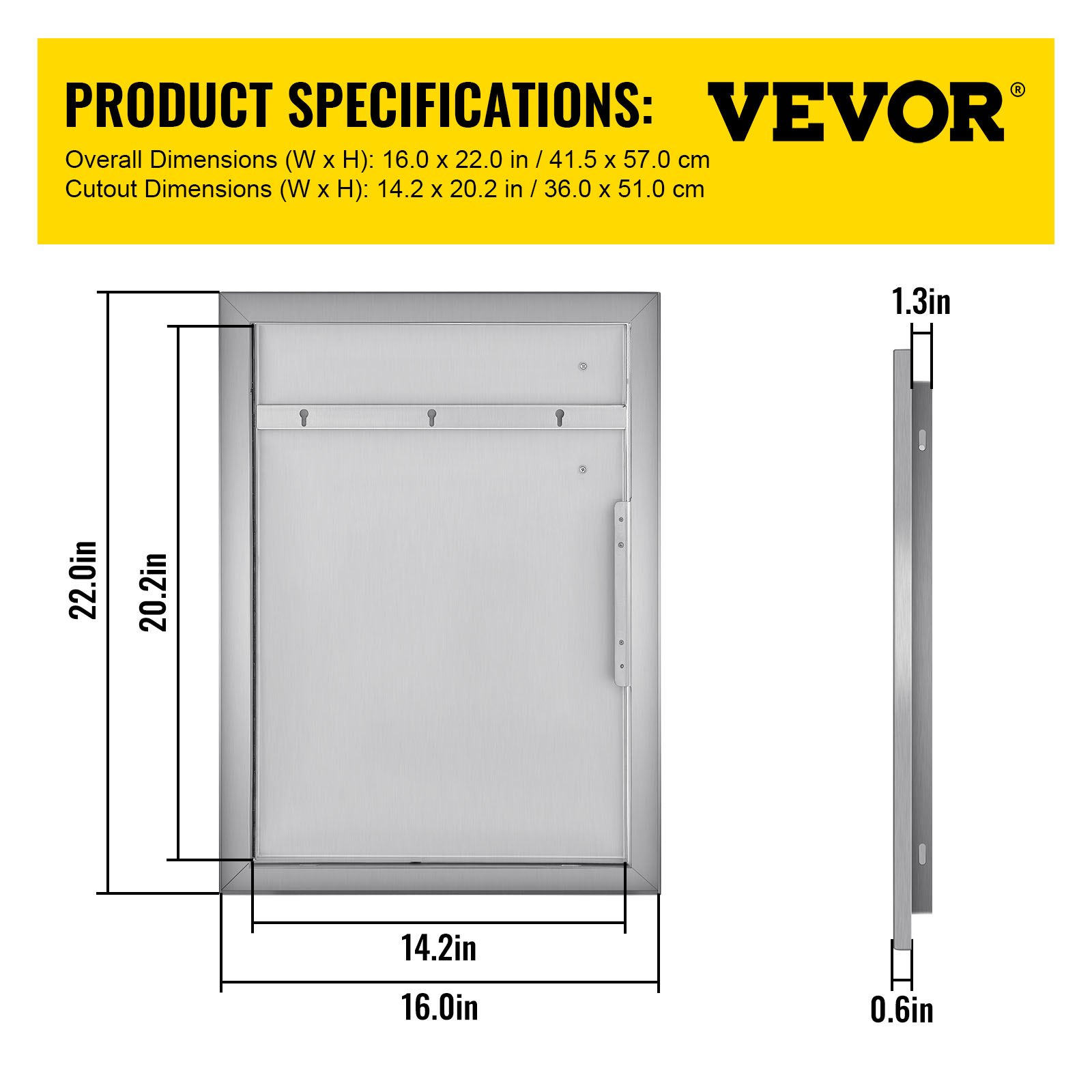Puerta de acceso a cocina exterior VEVOR de 16 x 22 pulgadas con dimensiones detalladas y especificaciones de recorte.