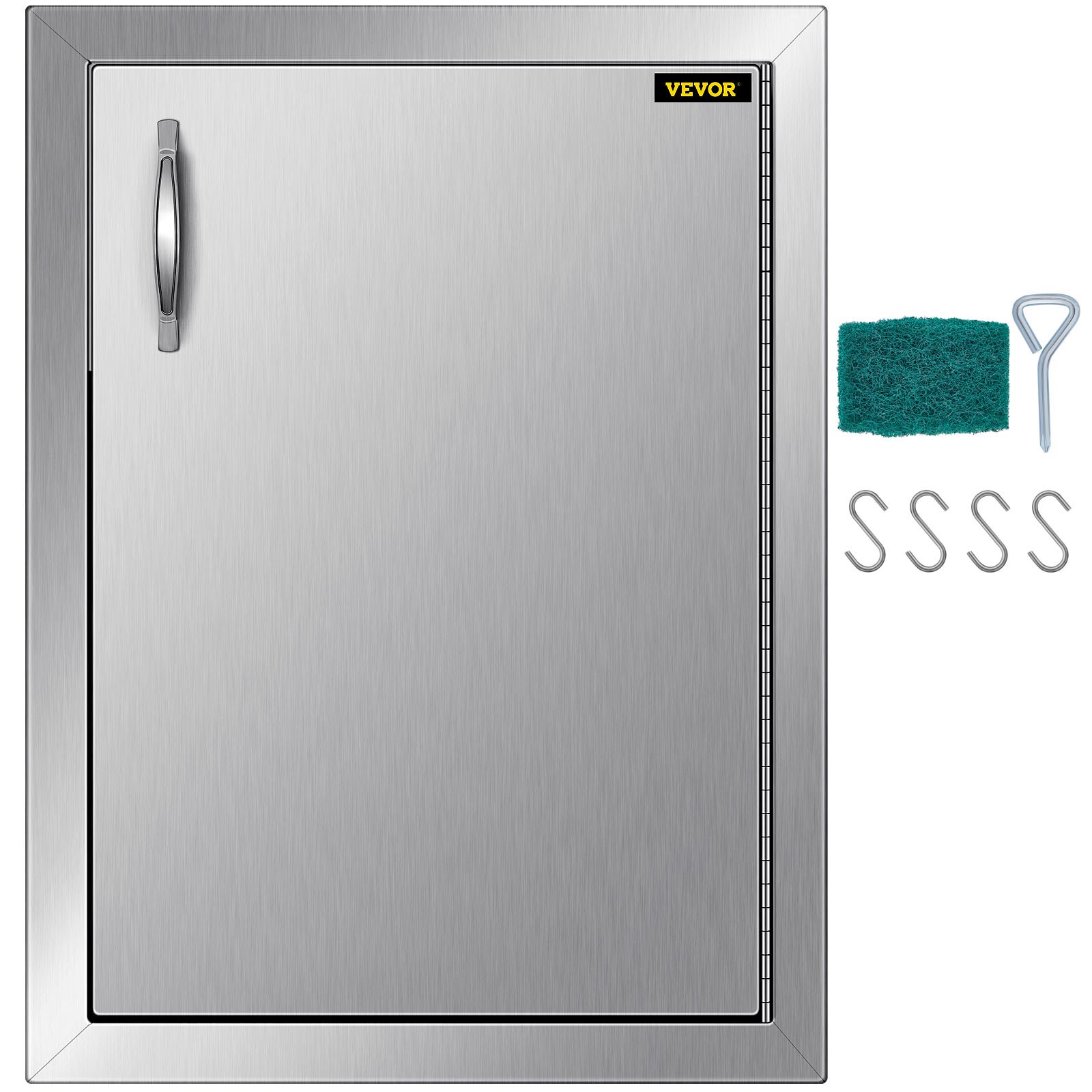 Puerta de acceso a cocina exterior VEVOR con tirador, almohadilla de limpieza verde, ganchos y llave.