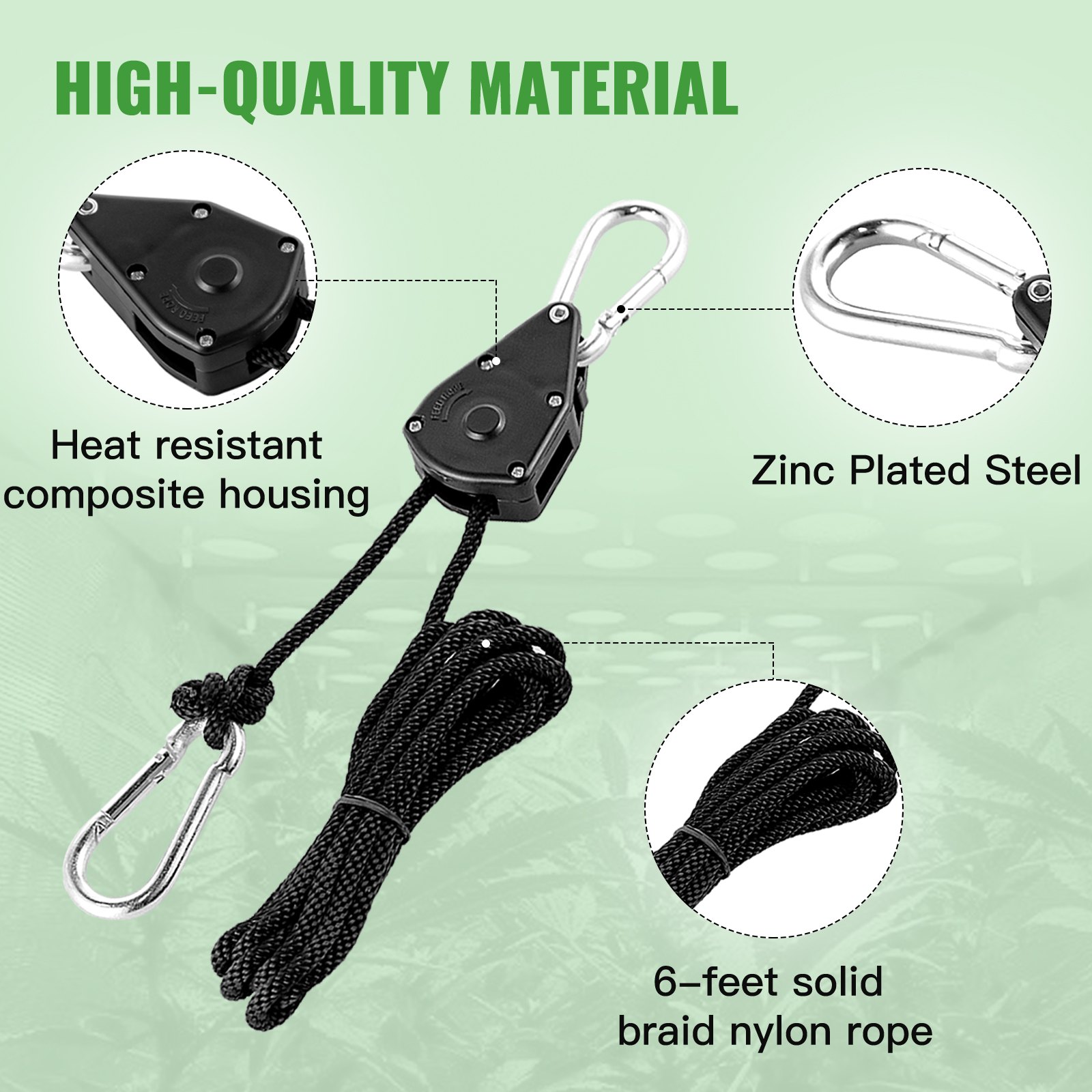 VEVOR Grow Light Hanger Rope Clip Hanger 3 pares de trinquetes de cuerda de 1/8 pulgadas y 6 pies