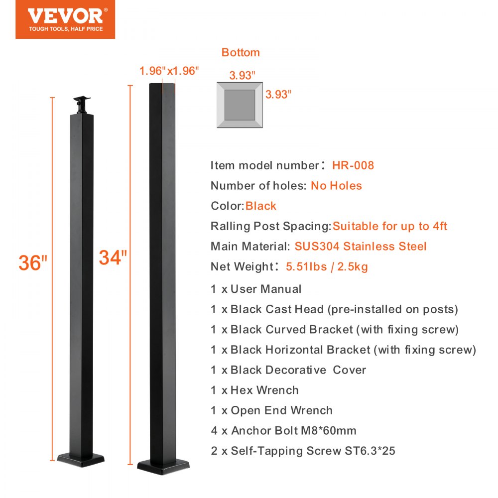 Poste de soporte para cables VEVOR, 91 cm de alto, 5 cm de ancho, construcción de acero, sin perforaciones, fabricado en acero inoxidable SUS304 duradero, incluye soportes horizontales y curvos para pasamanos de terraza y escalera.