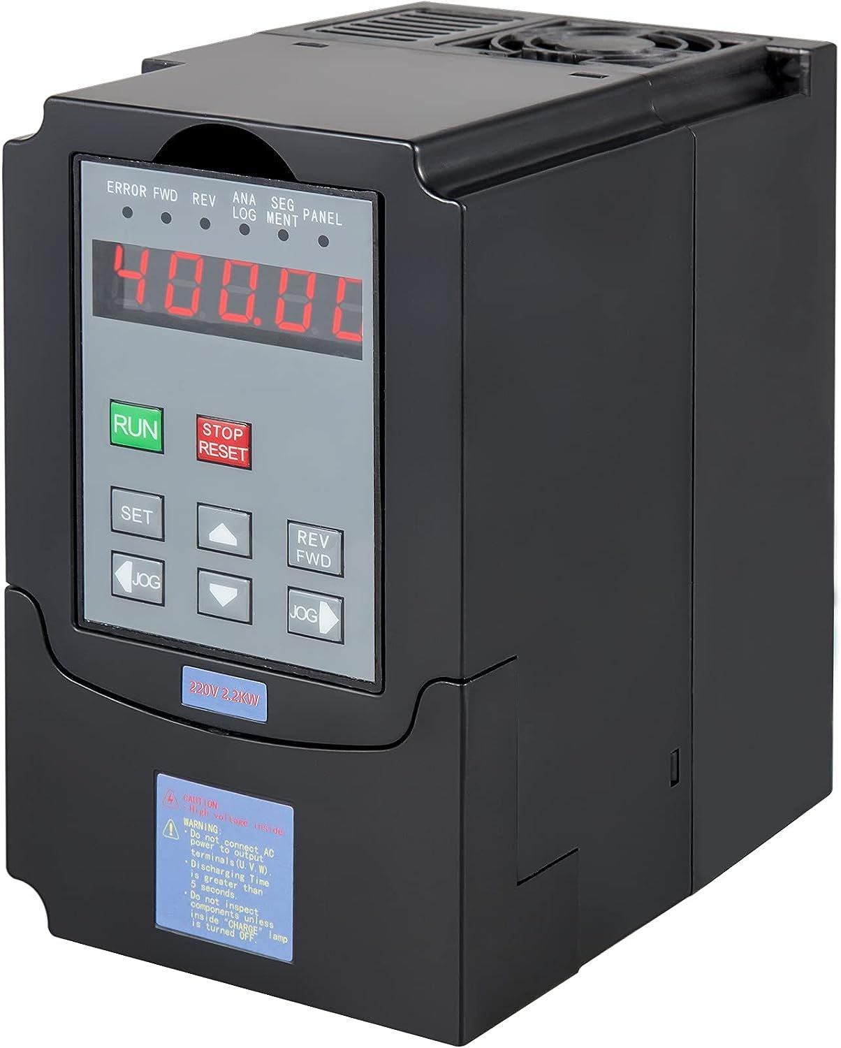 VEVOR vfd 2,2kw, carcasa negra, pantalla digital y botones de control.
