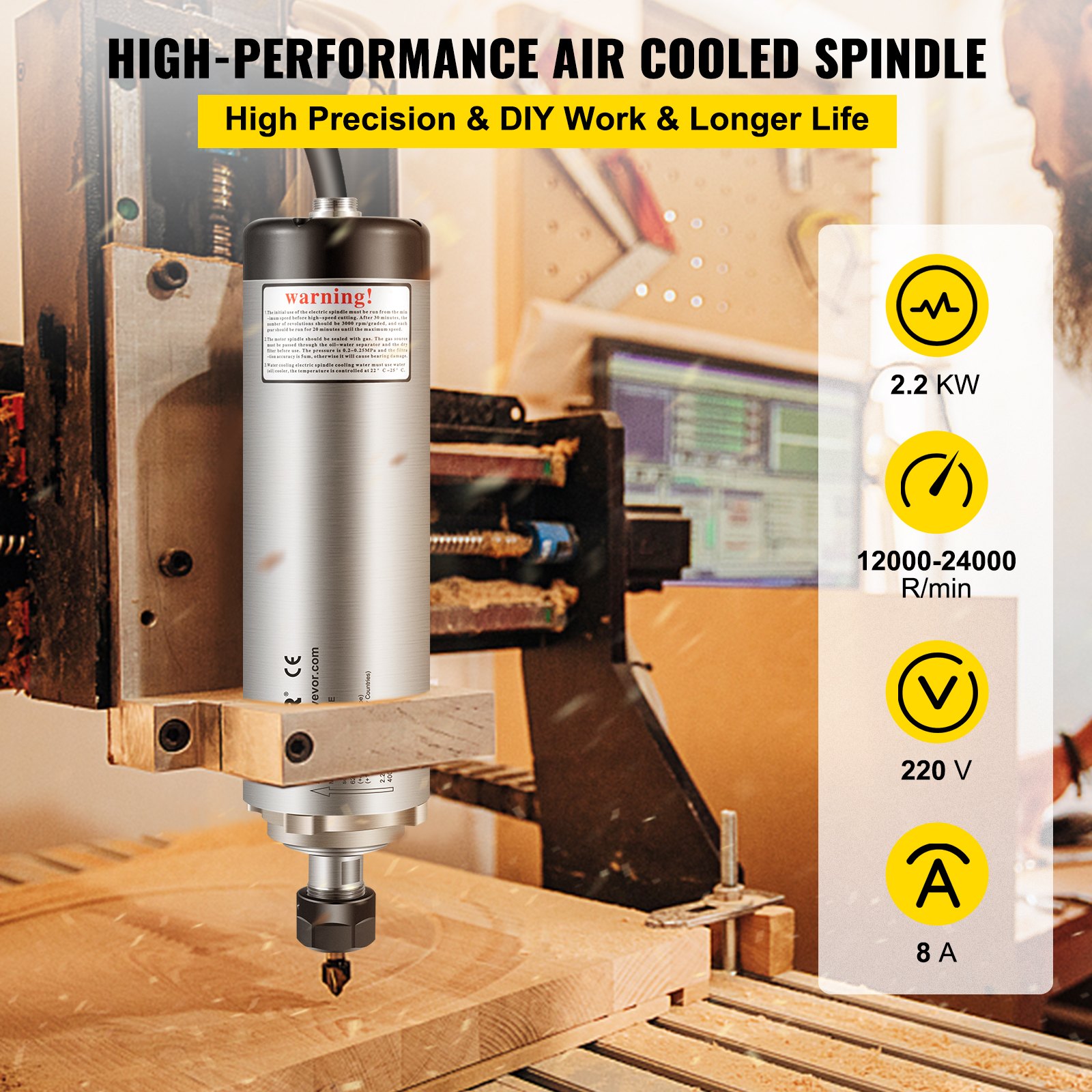 Motor de husillo CNC VEVOR en acción, mostrando especificaciones de 2,2 kW, 12 000-24 000 r/min, 220 V, 8 A.