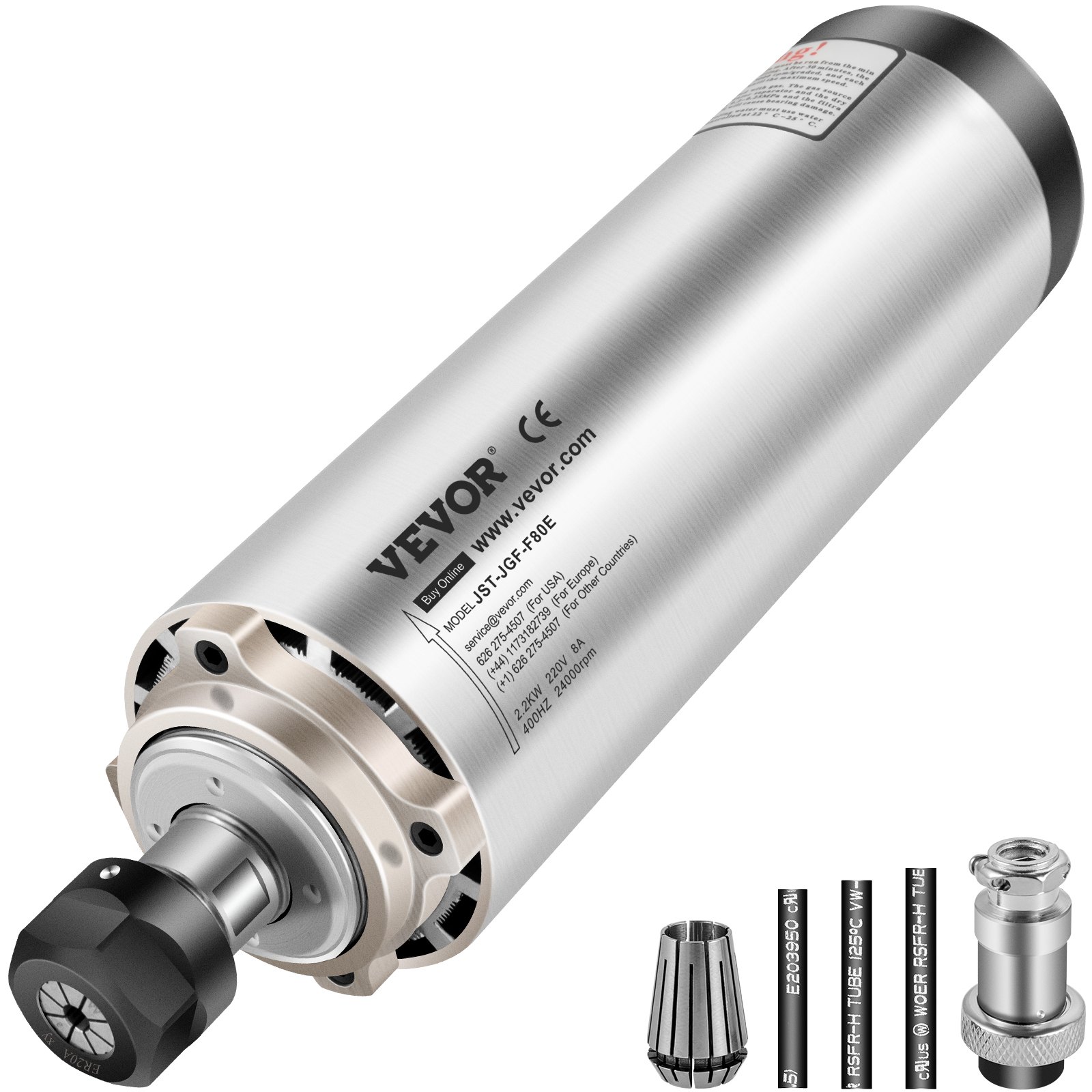 Motor de husillo CNC VEVOR con accesorios que incluyen pinzas y conectores.